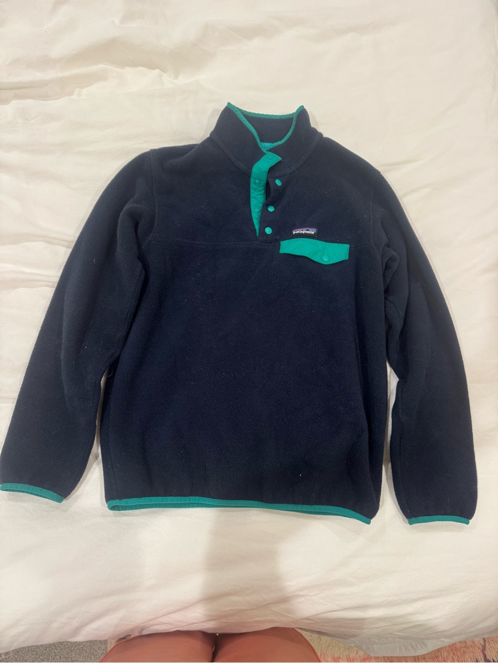 Patagonia Men’s Navy Crewneck Fleece with Teal Trim